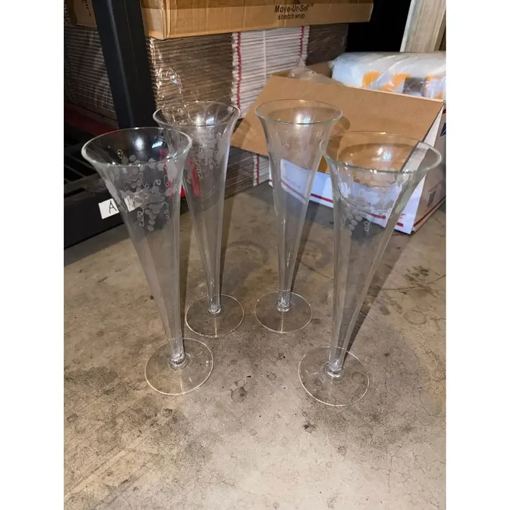 Set of 4 Etched Grape and Leaf Champagne Flutes - $40